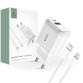Baltas buitinis telefono pakrovėjas TECH-PROTECT C20W 2-PORT NETWORK CHARGER PD20W/QC3.0 + LIGHTNING 