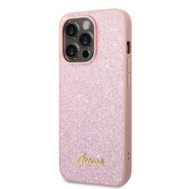 Rožinis blizgantis originalus dėklas Guess PC/TPU Glitter Flakes Metal Logo telefonui Apple iPhone 14 Pro Max