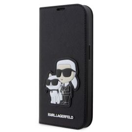 Juodas originalus atverčiamas dėklas Karl Lagerfeld PU Saffiano Karl and Choupette NFT telefonui Apple iPhone 14 Pro Max