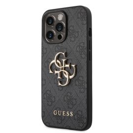 Pilkas originalus dėklas Guess PU 4G Metal Logo telefonui Apple iPhone 14 Pro Max