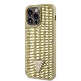 Auksinis originalus dėklas Guess Rhinestones Triangle Metal Logo telefonui Apple iPhone 14 Pro Max