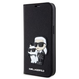 Juodas originalus atverčiamas dėklas Karl Lagerfeld PU Saffiano Karl and Choupette NFT telefonui Apple iPhone 14