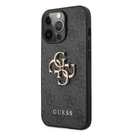Pilkas originalus dėklas Guess PU 4G Metal Logo telefonui Apple iPhone 13 Pro Max