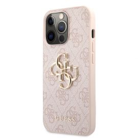 Rausvas originalus dėklas Guess PU 4G Metal Logo telefonui Apple iPhone 13 Pro Max