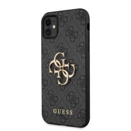 Pilkas originalus dėklas Guess PU 4G Metal Logo telefonui Apple iPhone 11