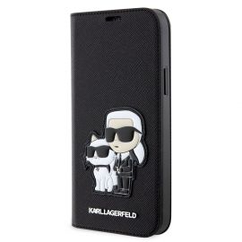 Juodas originalus atverčiamas dėklas Karl Lagerfeld PU Saffiano Karl and Choupette NFT telefonui Apple iPhone 12 / 12 Pro