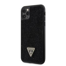 Juodas originalus dėklas Guess Rhinestones Triangle Metal Logo telefonui Apple iPhone 11 Pro