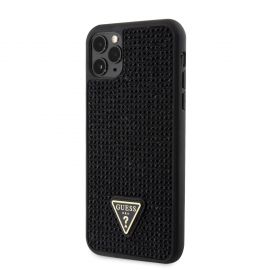 Juodas originalus dėklas Guess Rhinestones Triangle Metal Logo telefonui Apple iPhone 11 Pro Max