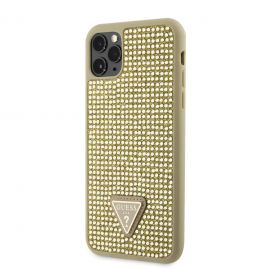 Auksinis originalus dėklas Guess Rhinestones Triangle Metal Logo telefonui Apple iPhone 11 Pro Max