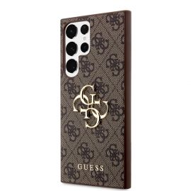 Rudas originalus dėklas Guess PU 4G Metal Logo telefonui Samsung Galaxy S23 Ultra