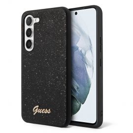 Juodas blizgantis originalus dėklas Guess PC/TPU Glitter Flakes Metal Logo telefonui Samsung Galaxy S23