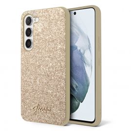 Auksinis blizgantis originalus dėklas Guess PC/TPU Glitter Flakes Metal Logo telefonui Samsung Galaxy S23