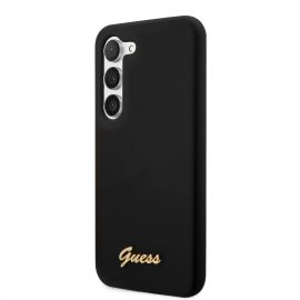 Juodas originalus dėklas Guess Liquid Silicone Metal Logo telefonui Samsung Galaxy S23