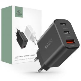 Juodas buitinis pakrovėjas "TECH-PROTECT C30W 3-PORT NETWORK CHARGER PD30W/QC3.0"