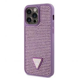 Violetinis originalus dėklas Guess Rhinestones Triangle Metal Logo telefonui Apple iPhone 14 Pro Max