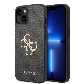 Pilkas originalus dėklas Guess PU 4G Metal Logo telefonui Apple iPhone 15