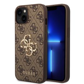 Rudas originalus dėklas Guess PU 4G Metal Logo telefonui Apple iPhone 15