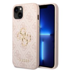 Rausvas originalus dėklas Guess PU 4G Metal Logo telefonui Apple iPhone 15