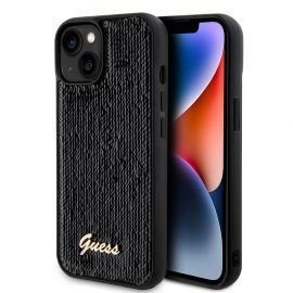 Juodas originalus dėklas Guess Sequin Script Logo telefonui Apple iPhone 15