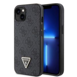 Juodas originalus dėklas Guess PU 4G Strass Triangle Metal Logo telefonui Apple iPhone 15