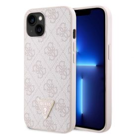 Rausvas originalus dėklas Guess PU 4G Strass Triangle Metal Logo telefonui Apple iPhone 15