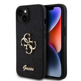 Juodas originalus dėklas Guess PU Fixed Glitter 4G Metal Logo telefonui Apple iPhone 15