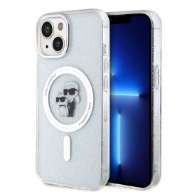 Skaidrus originalus dėklas Karl Lagerfeld IML Glitter Karl and Choupette MagSafe telefonui Apple iPhone 15