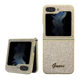 Auksinis blizgantis originalus dėklas Guess PC/TPU Glitter Flakes Metal Logo Samsung Galaxy Z Flip 5