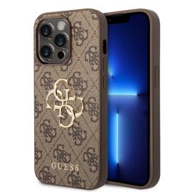 Rudas originalus dėklas Guess PU 4G Metal Logo telefonui Apple iPhone 15 Pro