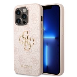 Rausvas originalus dėklas Guess PU 4G Metal Logo telefonui Apple iPhone 15 Pro