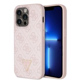 Rausvas originalus dėklas Guess PU 4G Strass Triangle Metal Logo telefonui Apple iPhone 15 Pro