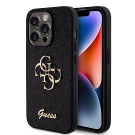 Juodas originalus dėklas Guess PU Fixed Glitter 4G Metal Logo telefonui Apple iPhone 15 Pro