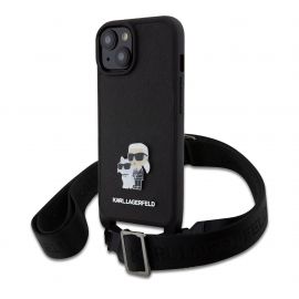 Juodas originalus dėklas Karl Lagerfeld Saffiano Crossbody Metal Karl and Choupette telefonui Apple iPhone 15 Plus