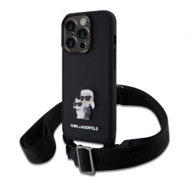 Juodas originalus dėklas Karl Lagerfeld Saffiano Crossbody Metal Karl and Choupette telefonui Apple iPhone 15 Pro