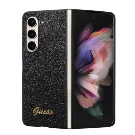 Juodas blizgantis originalus dėklas Guess PC/TPU Glitter Flakes Metal Logo telefonui Samsung Galaxy Z Fold 5