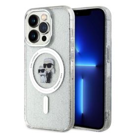 Skaidrus originalus dėklas Karl Lagerfeld IML Glitter Karl and Choupette MagSafe telefonui Apple iPhone 15 Pro