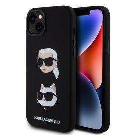 Juodas originalus dėklas Karl Lagerfeld Liquid Silicone Karl and Choupette Heads Apple iPhone 15 Plus