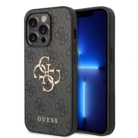 Pilkas originalus dėklas Guess PU 4G Metal Logo telefonui Apple iPhone 15 Pro Max