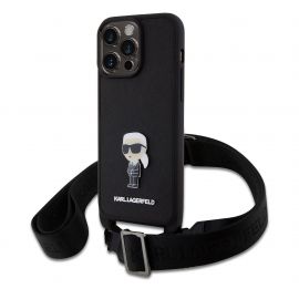Juodas originalus dėklas Karl Lagerfeld Saffiano Crossbody Metal Ikonik telefonui Apple iPhone 15 Pro Max