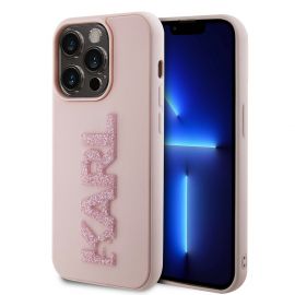 Rausvas dėklas Karl Lagerfeld 3D Rubber Glitter Logo Karl telefonui Apple Iphone 15 Pro Max