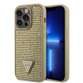 Auksinis originalus dėklas Guess Rhinestones Triangle Metal Logo telefonui Apple iPhone 15 Pro