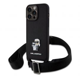 Juodas originalus dėklas Karl Lagerfeld Saffiano Crossbody Metal Karl and Choupette telefonui Apple iPhone 15 Pro Max