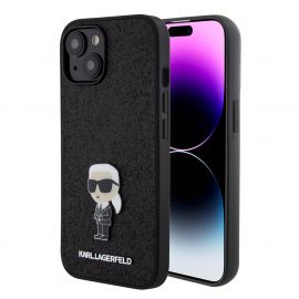 Juodas blizgantis originalus dėklas Karl Lagerfeld Fixed Glitter Metal Ikonik telefonui Apple iPhone 15