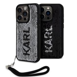 Juodas-sidabrinis originalus dėklas Karl Lagerfeld Sequins Reversible telefonui Apple iPhone 15 Pro