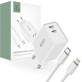Baltas buitinis pakrovėjas + lightining kabelis "Tech Protect C35W 2-PORT NETWORK CHARGER PD35W"
