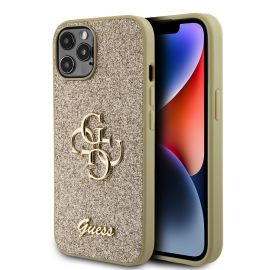 Auksinis originalus dėklas Guess PU Fixed Glitter 4G Metal Logo telefonui Apple iPhone 12 / 12 Pro