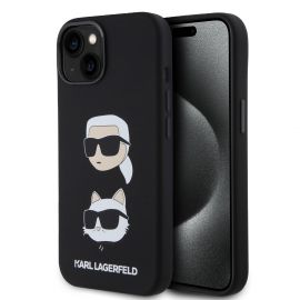 Juodas originalus dėklas Karl Lagerfeld Liquid Silicone Karl and Choupette Heads Apple iPhone 15
