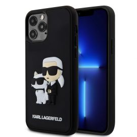 Juodas originalus dėklas Karl Lagerfeld 3D Rubber Karl and Choupette telefonui Apple iPhone 12 / 12 Pro