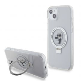 Baltas dėklas Karl Lagerfeld Ringstand Karl and Choupette MagSafe telefonui Apple iPhone 15 Plus