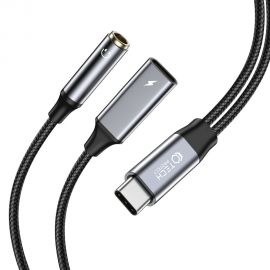 Juodas adapteris "TECH-PROTECT ULTRABOOST CABLE ADAPTER PD60W/6A TYPE-C TO MINI JACK 3.5MM & TYPE-C"